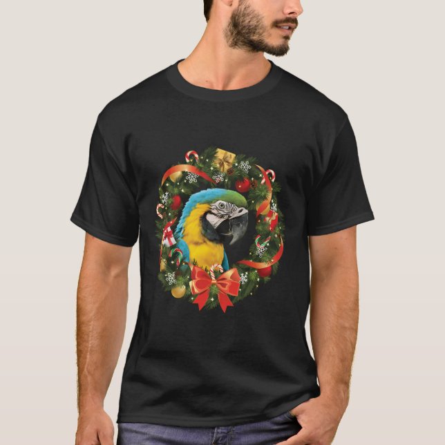 Blue Gold Macaw Parrot Christmas Wreath T-Shirt (Front)