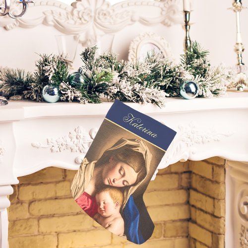 Blue Gold Madonna and Child Religious Catholic Small Christmas Stocking