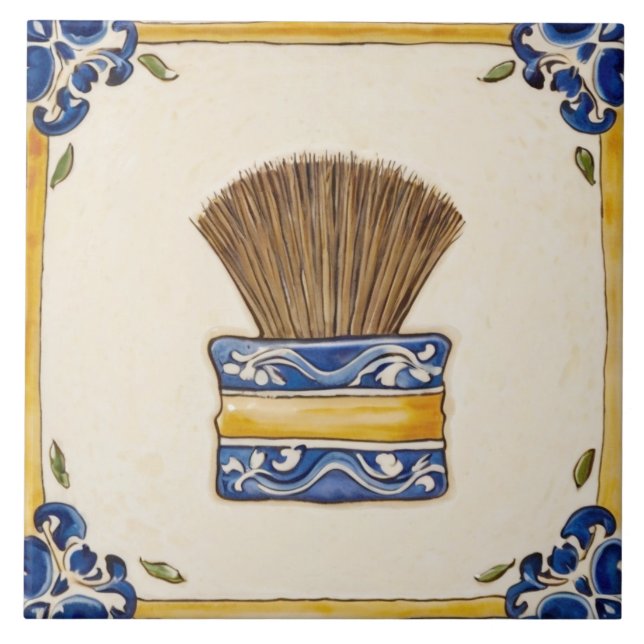 Blue & Gold Makeup Brush or Shaving Brush Bathroom Ceramic Tile (Front)