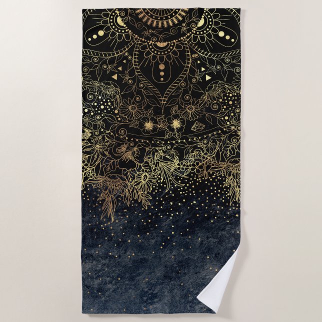 Blue Gold Mandala Floral Beach Towel (Front)