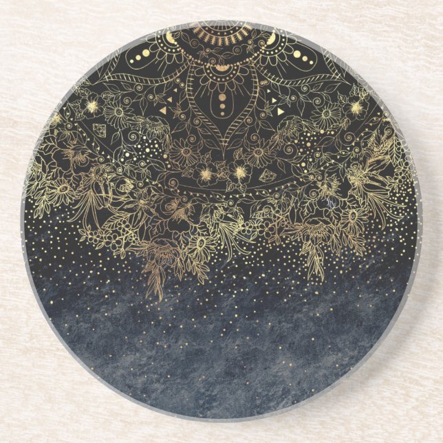 Blue Gold Mandala Floral Drink Coaster (Front)