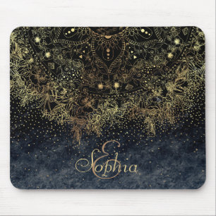 Blue Gold Mandala Floral Mouse Pad