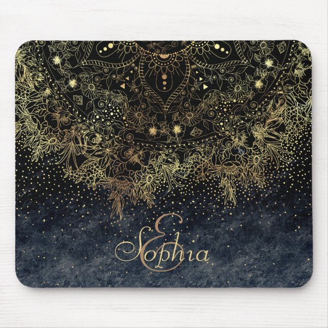 Blue Gold Mandala Floral Mouse Pad (Front)