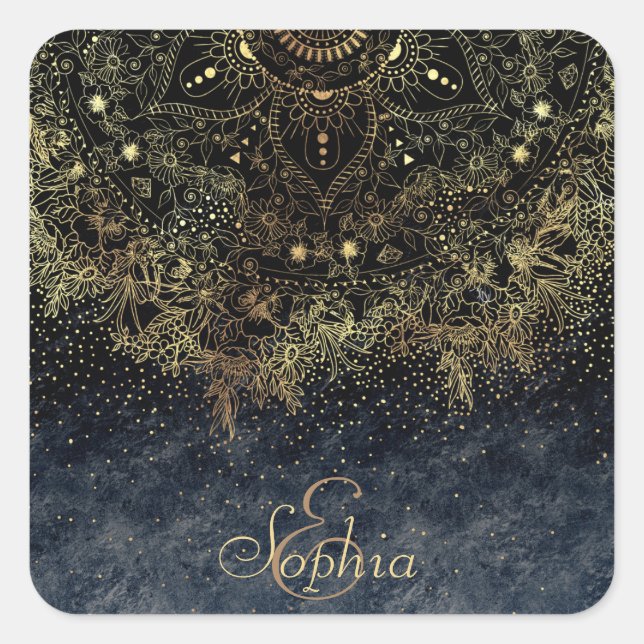 Blue Gold Mandala Floral Square Sticker (Front)
