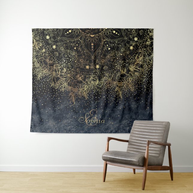 Blue Gold Mandala Floral Tapestry (In Situ (Horizontal))