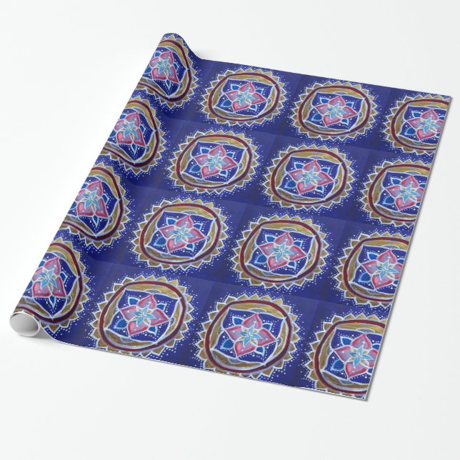 Blue Gold Mandala Glossy Wrapping Paper (Unrolled)