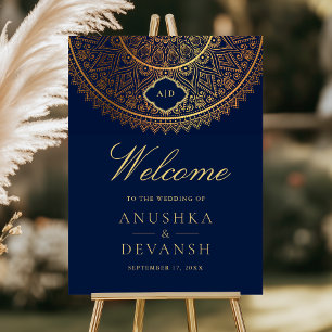 Blue Gold Mandala Indian Wedding Welcome Sign