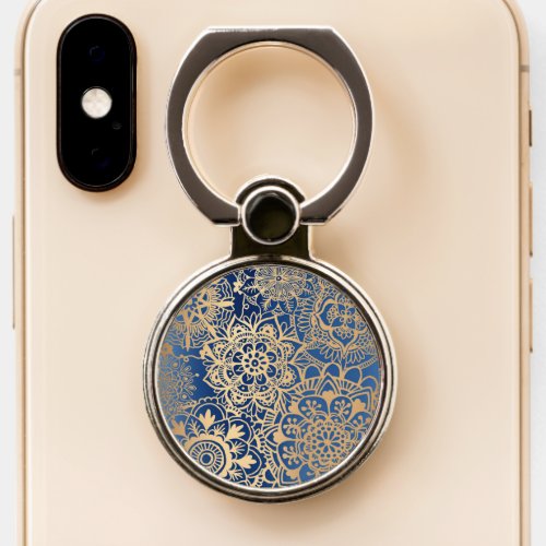 Blue Gold Mandala Pattern Dark Navy Flowers Phone Ring Stand