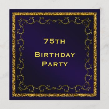 Blue & Gold Man's Double Sided 75th Birthday Invitation by shm_graphics at Zazzle