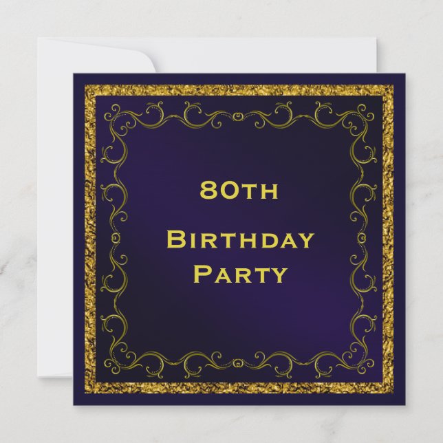 Blue & Gold Man's Double Sided 80th Birthday Invitation (Front)