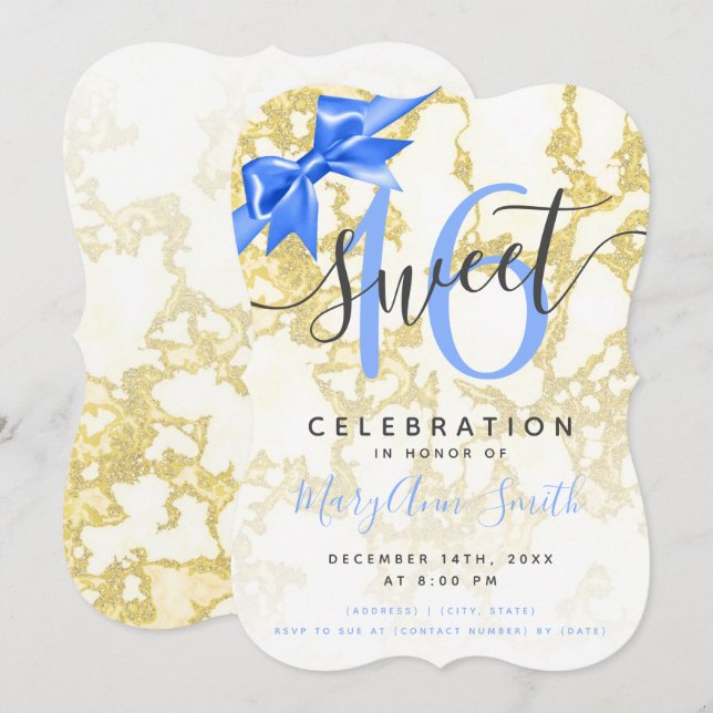 Blue & Gold Marble 16th Birthday Ribbon   Invitation (Front/Back)
