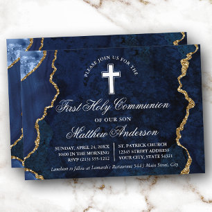 Blue Gold Marble Agate Geode First Communion Invitation