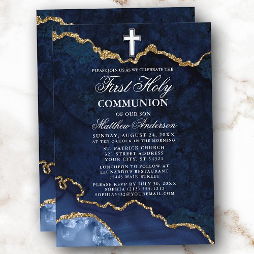 Blue Gold Marble Agate Geode First Holy Communion Invitation
