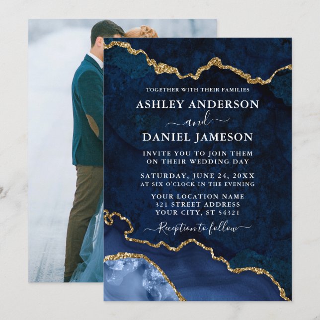 Blue Gold Marble Agate Geode Photo Wedding Invitation (Front/Back)