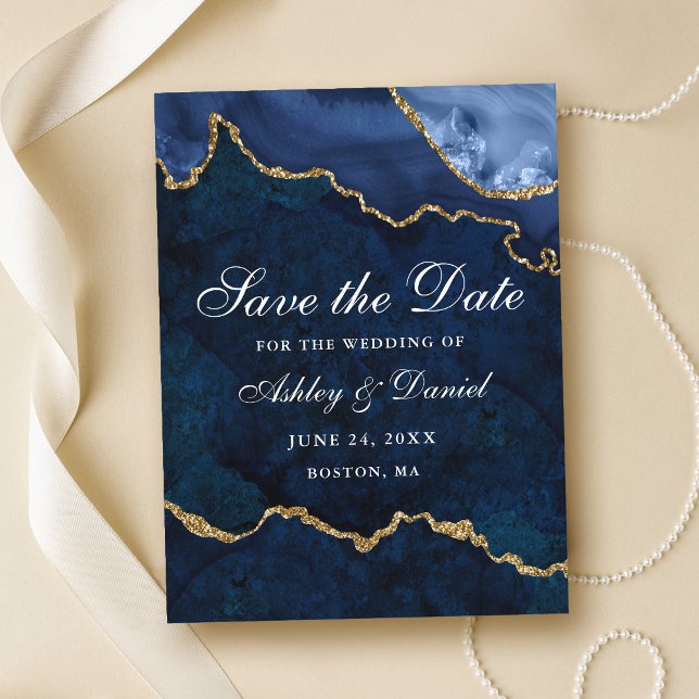 Blue Gold Marble Agate Geode Save The Date Announcement Postcard (Customize to change text size or text style.)