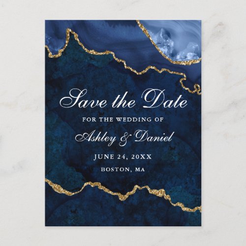 Blue Gold Marble Agate Geode Save The Date Announcement Postcard
