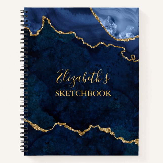 Blue Gold Marble Agate Geode Sketchbook Notebook (Front)