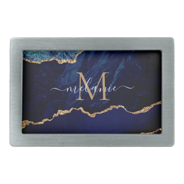 Blue Gold Marble Belt Buckle Custom Name Letter (Front)