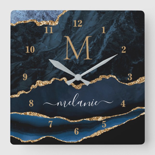 Blue Gold Marble Clock with Custom Name and Letter (Front)