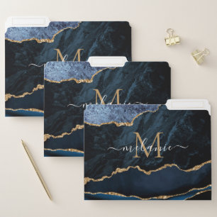 Blue Gold Marble Custom Letter Name File Folder