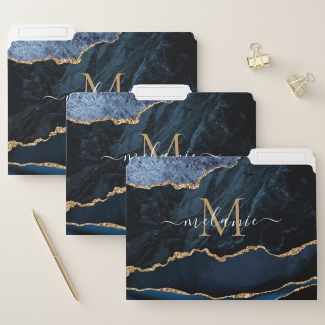 Blue Gold Marble Custom Letter Name File Folder (Set)