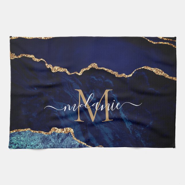 Blue Gold Marble Custom Letter Name Kitchen Towel (Horizontal)