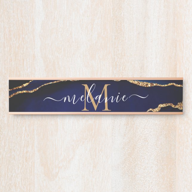 Blue Gold Marble Door Sign Personalize Name Letter (Front)