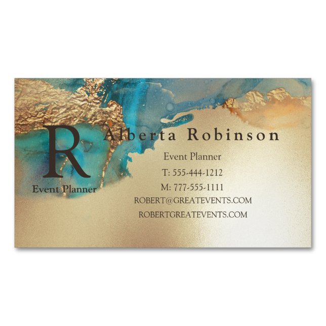 Blue Gold Marble Elegant Business Card Magnet (Front)