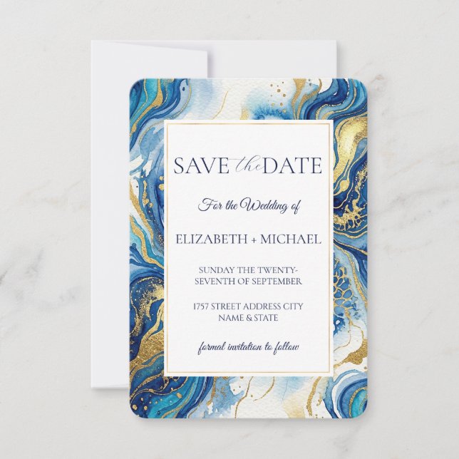 Blue Gold Marble  Elegant Wedding Save the Date (Front)