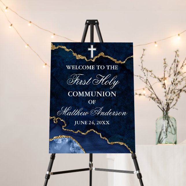 Blue Gold Marble First Holy Communion Welcome Foam Board (In Situ (Stand))