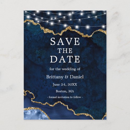 Blue Gold Marble Geode Lights Save The Date Announcement Postcard