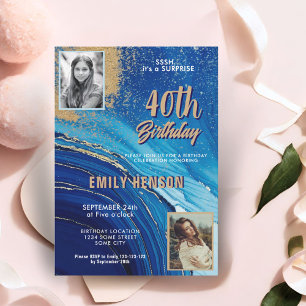 Blue Gold Marble Glitter 2 Photo 40th Birthday Invitation
