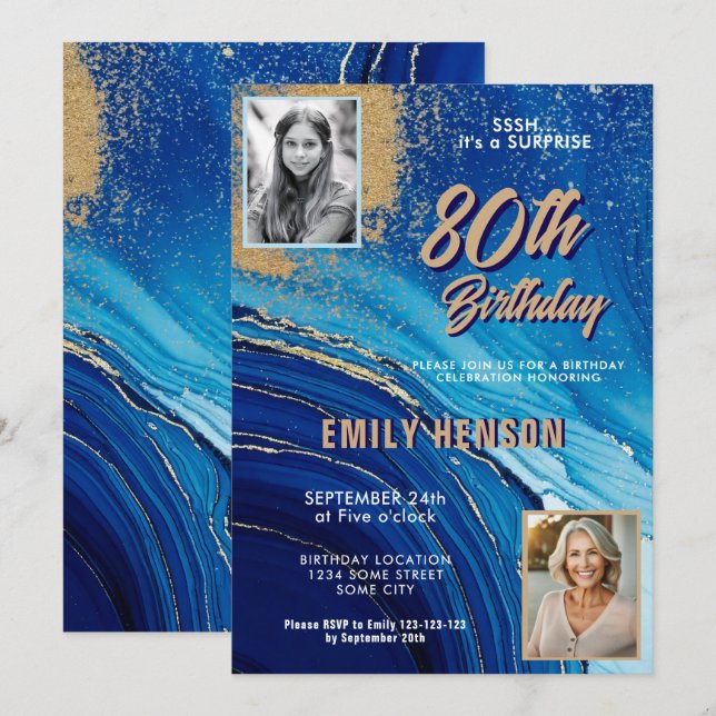 Blue Gold Marble Glitter 2 Photo 80th Birthday Invitation (Front/Back)