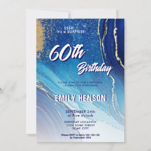 Blue Gold Marble Glitter 60th Birthday Invitation