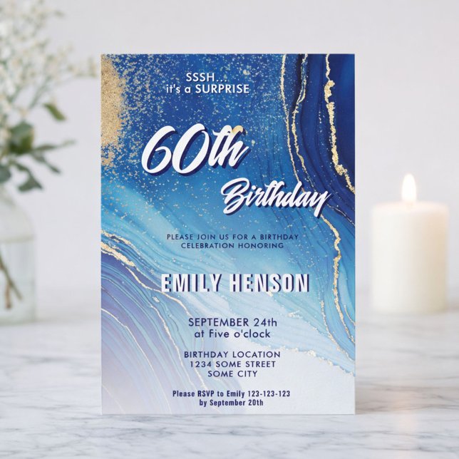 Blue Gold Marble Glitter 60th Birthday Invitation (Creator Uploaded)