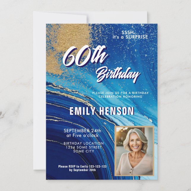 Blue Gold Marble Glitter Photo 60th Birthday Invitation (Front)