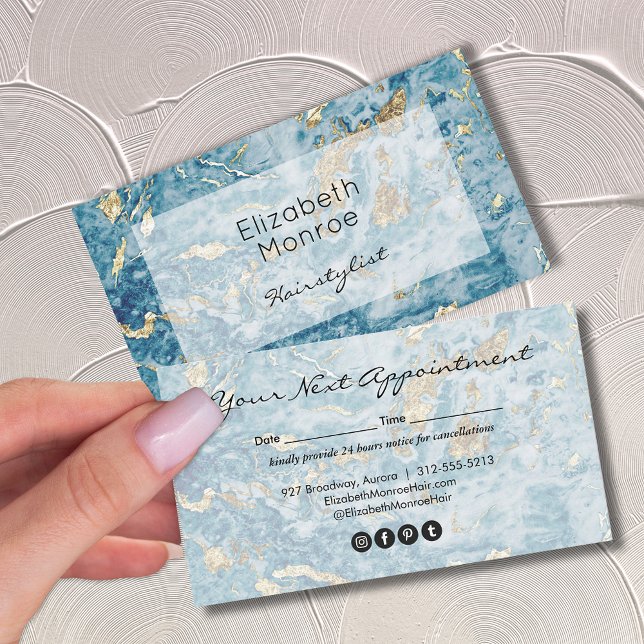 Blue Gold Marble Hair Stylist Salon Makeup Appointment Card (Creator Uploaded)