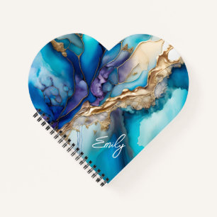 Blue Gold Marble Heart Shaped Personalized Name Notebook
