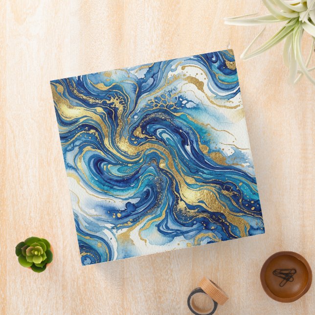 Blue Gold Marble Luxury Abstract Fluid Art Pattern 3 Ring Binder (In Situ)