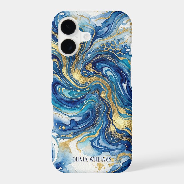 Blue Gold Marble Luxury Abstract Fluid Art Pattern iPhone Case (Back)