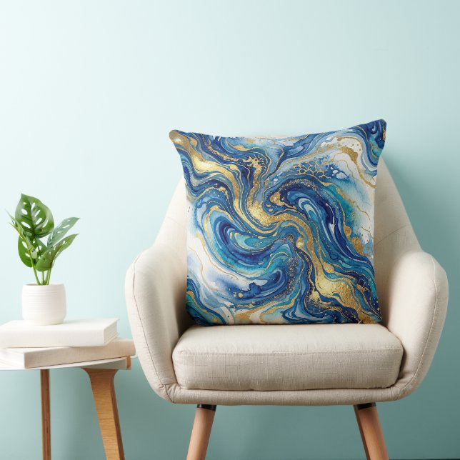 Blue Gold Marble Luxury Decor Fluid Art Pattern Throw Pillow (Chair)