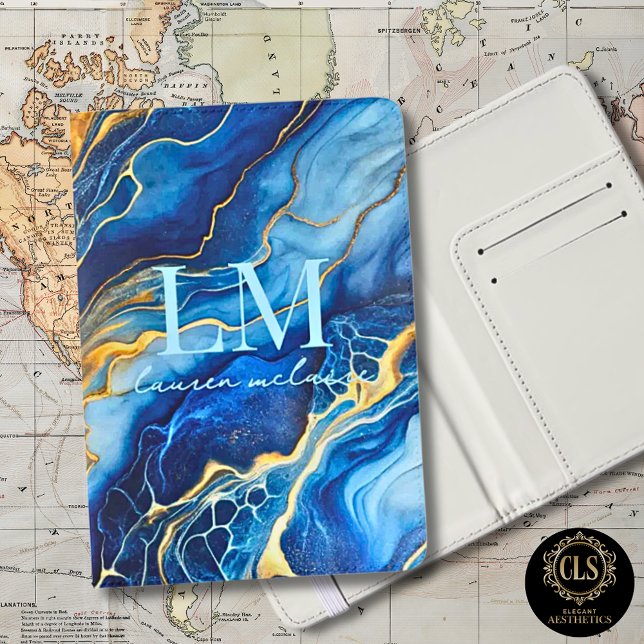Blue & Gold Marble Monogram Passport Holder (Creator Uploaded)