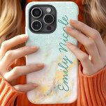 Blue Gold Marble Ombre Faux Glitter Monogram Name iPhone 15 Case<br><div class="desc">Blue Gold Marble Ombre Faux Glitter Monogram Name Phone Case</div>
