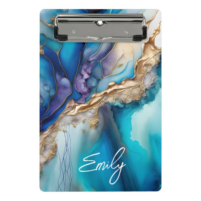 Blue Gold Marble Personalized Script Name Mini Clipboard (Front)