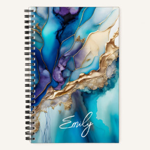 Blue Gold Marble Personalized Script Name Notebook