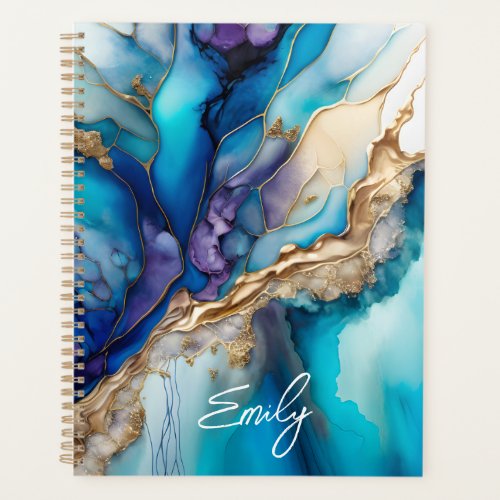 Blue Gold Marble Personalized Script Name Planner