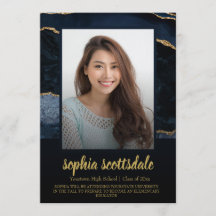 Blue Gold Marble Photo Graduation Announcements