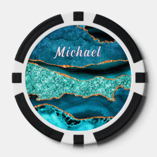 Blue Gold Marble Poker Chips with Custom Name
