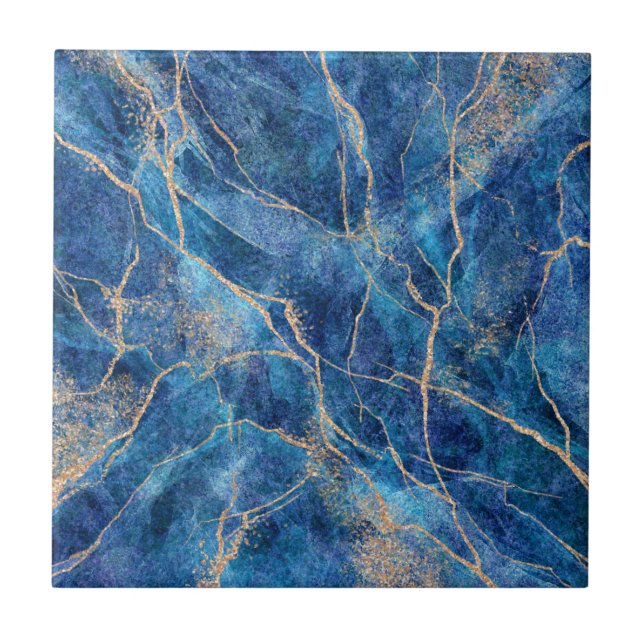 Blue Gold Marble Pretty Ceramic Tile (Front)