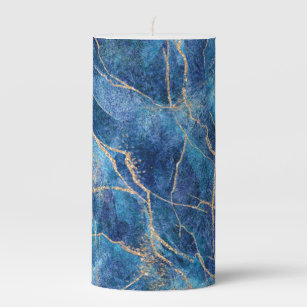 Blue Gold Marble Pretty Pillar Candle